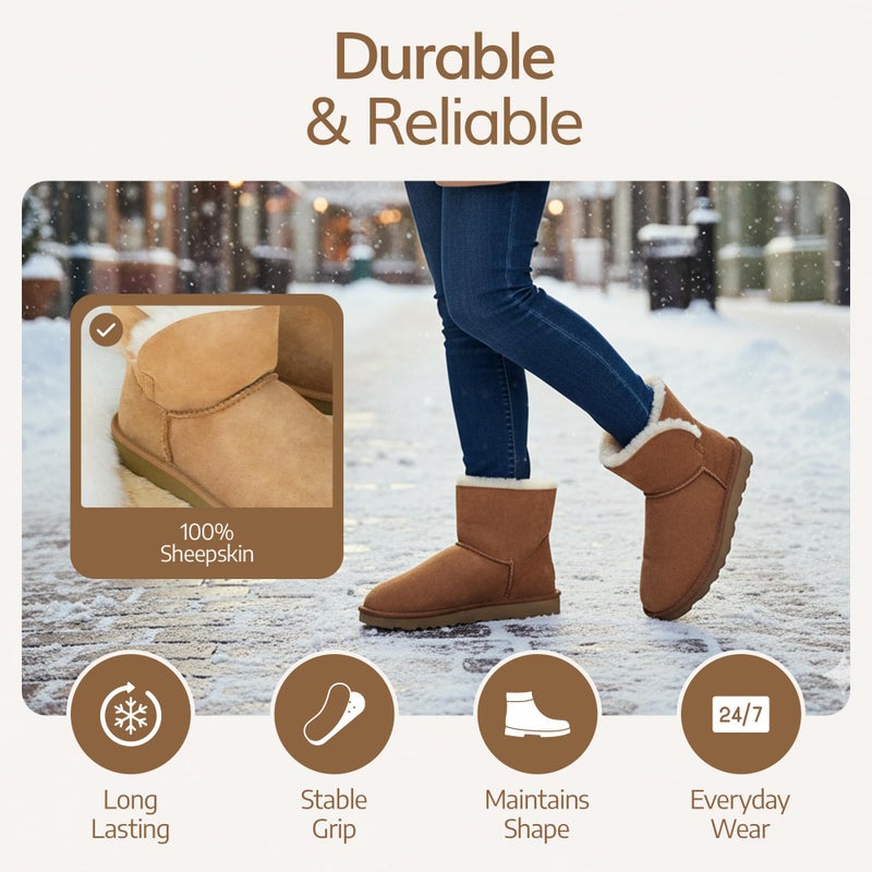 WaySoft Genuine Australia Sheepskin Snow Winter Boots for Women, Classic Water Resistance Shearling Boots Women (7, Chestnut) - Image 3